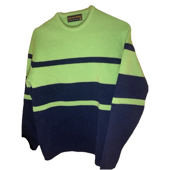Vintage Demetre Lime Green Black/Navy Heavy 100% Wool Striped Ski Sweater Sz M - Picture 2 of 4